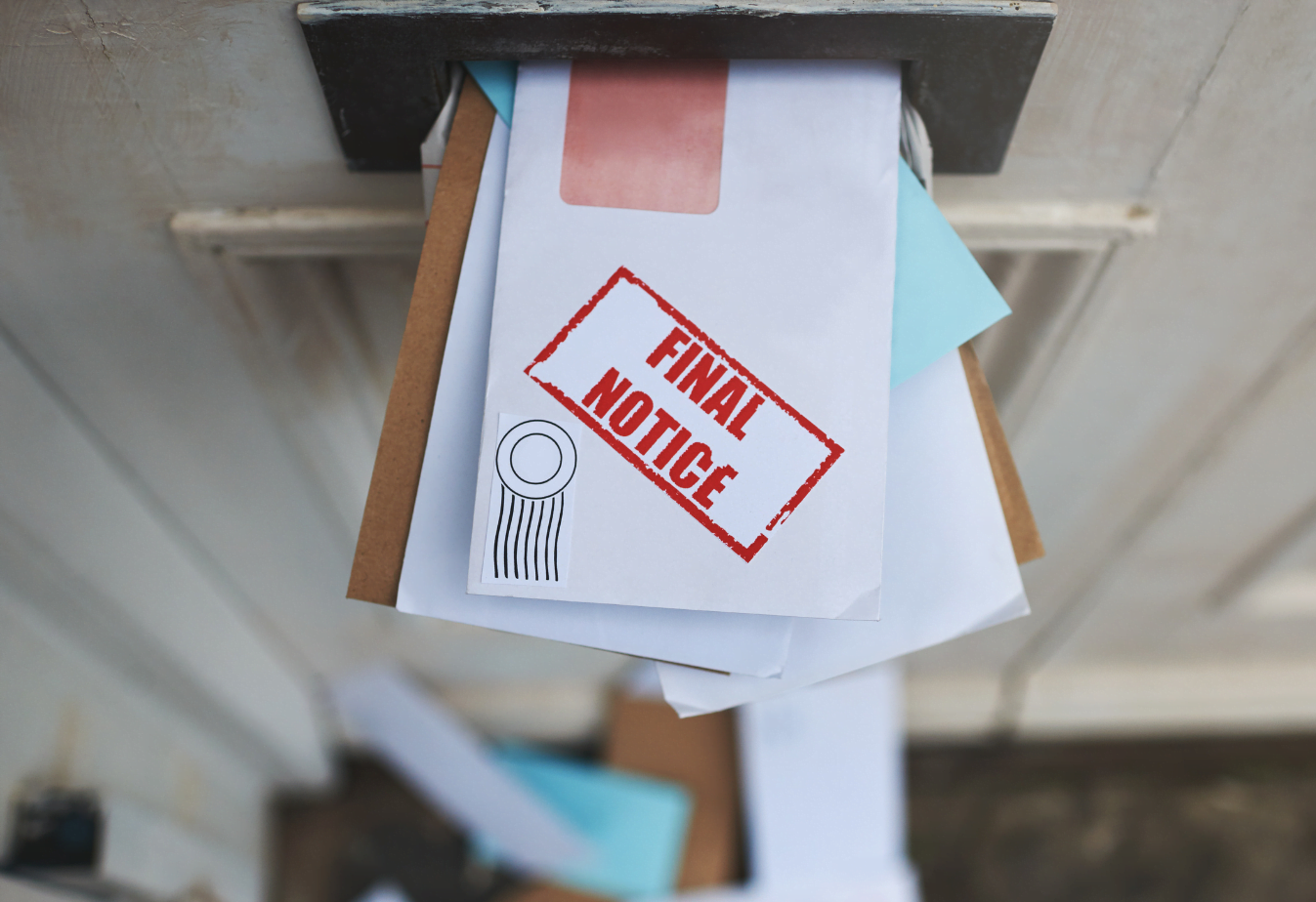 mail sticking out of a front door mail slot with the words final notice in large red text