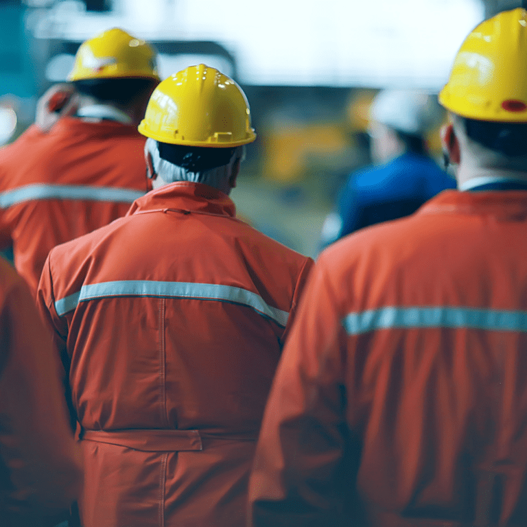 slightly blue toned picture of several factory workers walking away in orange jumpsuits and yellow hard hats