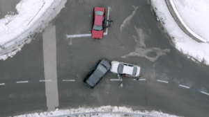 aerial view of a three vehicle car accident